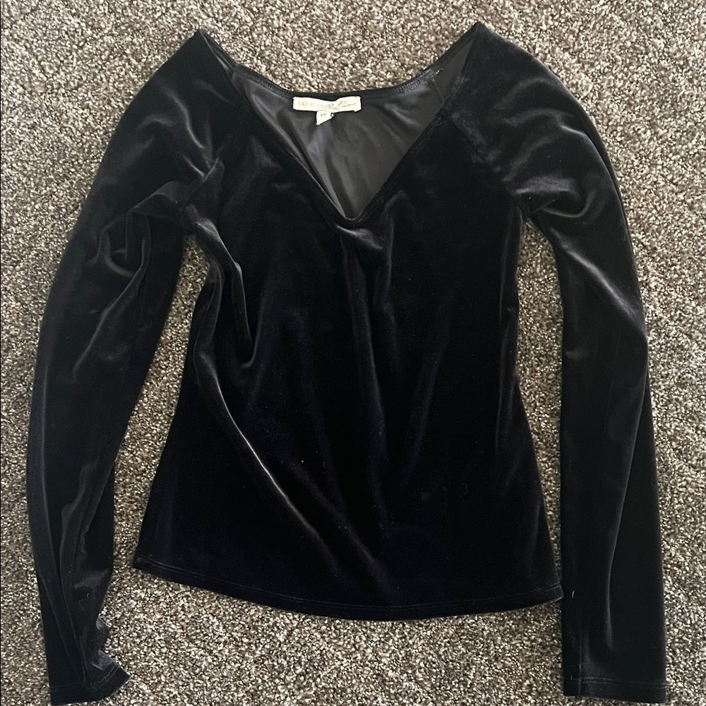 Express Black Velvet V-Neck Long Sleeve Top